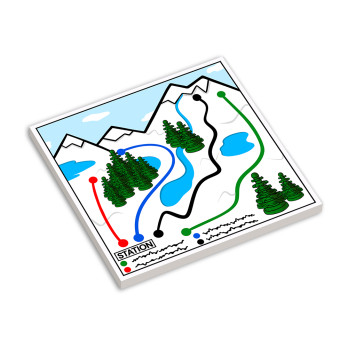 Ski slopes map printed on smooth Lego® brick 6X6 - White