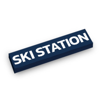 'Ski station' sign printed on 1x4 Lego® brick - Earth Blue