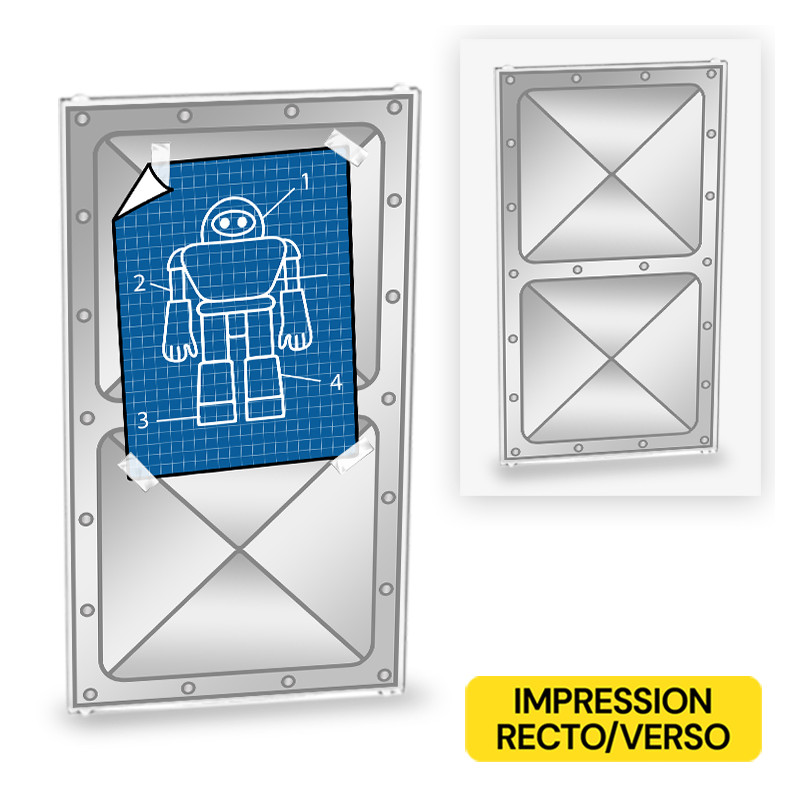 Metal partition with poster printed on both sides on Lego® 1x4x6 glass - Transparent