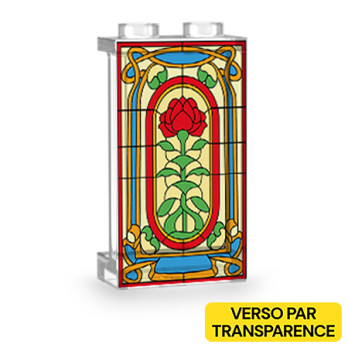Stained glass window with rose printed on 1x2x3 Lego® clear partition