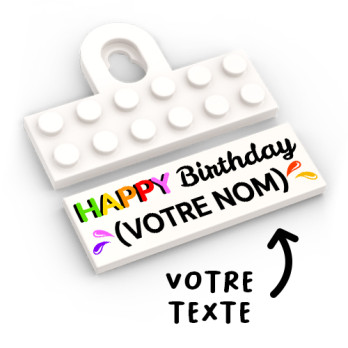 Attache étiquette cadeau "Happy Birthday" à personnaliser - imprimée sur Brique Lego® 2X6 - Blanc