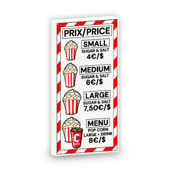 Panneau prix Popcorn imprimé sur brique Lego® 2x4 - Blanc