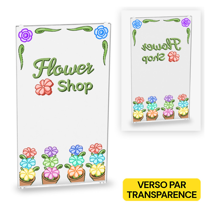 "Flower Shop" Door printed on Lego® Glass 1X4X6 - Transparent