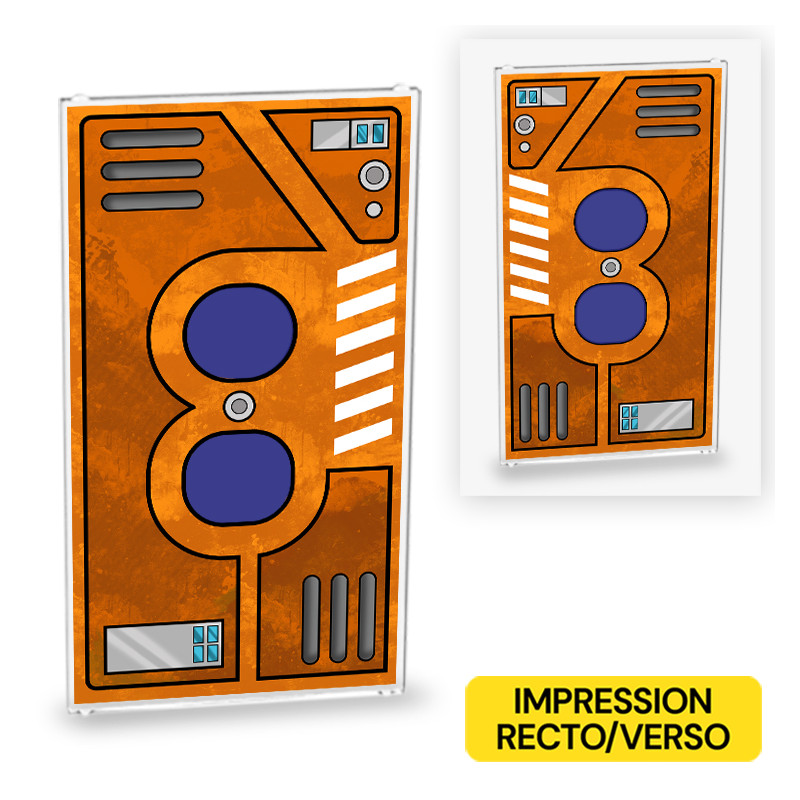 Double-sided printed spaceship door on Lego® 1x4x6 glass